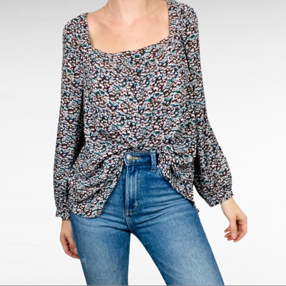 Ann Taylor | Floral Square Neck Long Sleeve Boho Chic Peasant Prairie Blouse - Picture 3 of 10